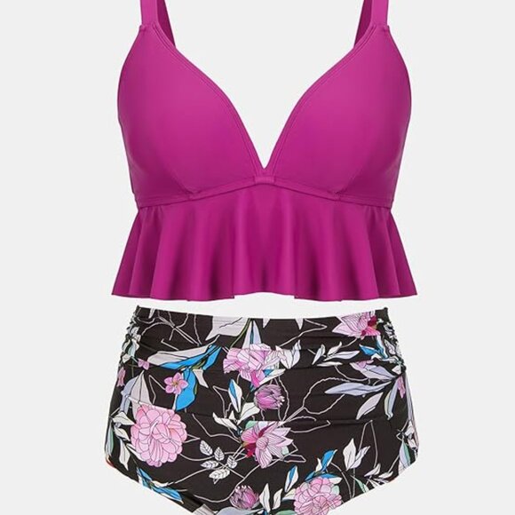 CUPSHE Ruffle Swim Top & High-Waist Floral Bottoms Bikini Set - Picture 3 of 3
